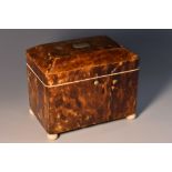 A 19th century tortoiseshell caddy, of small proportions, ivory bun feet, bun feet, 11cm wide,