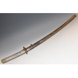 A Japanese shin gunto, 66.5cm curved blade, bronze tsuba, aluminium tsukasteel saya, 95.5cm long, c.