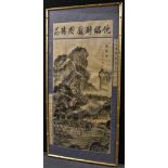 Chinese School Figures in a Monumental Landscape silk panel,