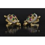 A pair of articulated multi gem turtle earrings,