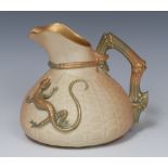 A Worcester blush ivory basket weave jug, applied with salamander, rustic handle, gilt interior,