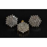 A 18ct gold diamond pendant and earring suite,