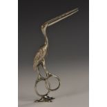 A pair of Austrian silver novelty ribbon threaders, cast as a stork, 13cm long, Vienna,