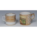 A Minton cylindrical mug, painted with pear, strawberries and grapes, within gilt foliage, 7cm high,