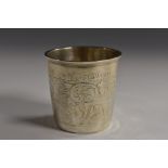 An 18th century Norwegian silver bucket shaped beaker, chased with a band of scrolling acanthus, 6.