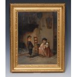 Jules Devaux (19th century) Feeding The Doll signed, oil on board, label to verso, 31.5cm x 23.