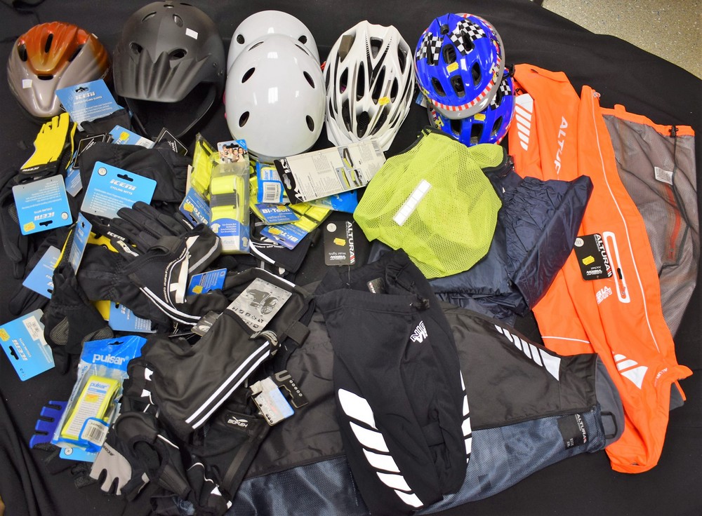 Cycling - apparel including jackets, gloves, helmets, reflective accessories, etc, assorted sizes,
