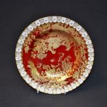 A Royal Crown Derby Red and Gold Aves shaped dessert plate, Heraldic border, 21.