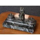 A 19th century Egyptian Revival verdigris patinated bronze and verte antico marble rectangular