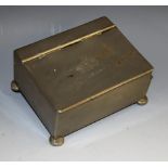 A George III pewter rectangular tobacco box, hinged cover engraved with a boar's head crest,