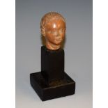 A 19th century vegetable ivory sculptural fragment carved as the head of a young man, marble plinth,