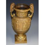 A 19th century gilt bronze vase, based on an antique volute krater, lotus socle, square base,