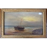 English School Coastal Scene with Fishing Boats Ashore unsigned,