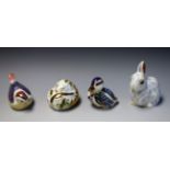 A Royal Crown Derby paperweight, Sitting Duckling, gold stopper, boxed; others, Snowy Rabbit,