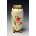 A Graingers Worcester cylindrical vase, pierced rim, painted with red blossom,