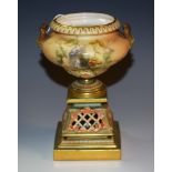 A Royal Worcester two handled ogee shaped pedestal vase,