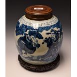 A Chinese ovoid ginger jar, painted in underglaze blue with immortal and attendants, 23cm high,