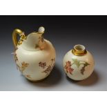 A Royal Worcester flatback jug, printed and painted with flower sprigs, on a blush ivory ground,