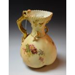 A Royal Worcester lobed jug, printed painted with colourful summer flowers on an ivory ground,