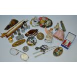 Bijouterie - an early 20th century German half doll; various hat pins; a Chinese calligraphy brush;