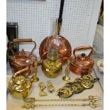 Brassware - bed pan, oil lamp, toasting forks, candlesticks pair of, brass kettle,