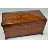 A George IV fiddle-back mahogany sarcophagus tea caddy, hinged cover enclosing a bowl aperture,