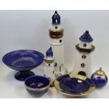 A stoneware model of a lighthouse, others; a blue glazed bowl,