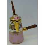 A French type chocolate pot and cover, decorated in rose pompadour,