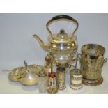 Silver Plated Ware - a silver plated spirit kettle; a bottle holder; sugar caster; trefoil dish;