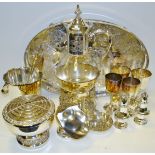 Silverplate - a Sheffield plate brandy warmer; ice bucket and tongs; gallery tray; rose bowl;