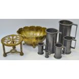 A set of six graduated 19th century pewter grain measures; a gilt bronze dish;