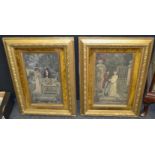 A near pair of hand painted lithographs depicting a young man and his beau,