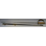 A British infantry officers sword, the 75cm blade engraved with foliage, solid brass hilt,