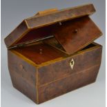 A 19th century burr walnut sarcophagus tea caddy, satinwood strung, bone escutcheon,