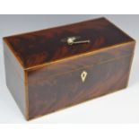 A 19th century flame mahogany tea caddy, satinwood strung and rosewood crossbanded,