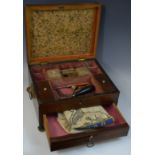 A 19th century mahogany work box, bat wing paterea to angles, chequered banding,