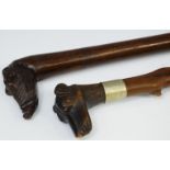 A Victorian hawthorn walking cane, terrier mask handle, plated collar, 84cm long; ; another,