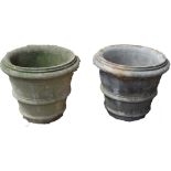 A pair of composition tapering cylindrical garden planters, central girdle,