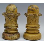 A pair of 19th century softwood painted finials, carved as stylised flowerheads,