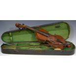 A 19th century violin, double purflings, ebonised keys, 37cm two piece back,label for Murdoch,