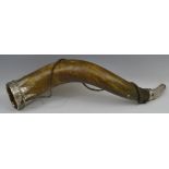 A 19th century silver coloured metal mounted cow horn, set with purple stones,