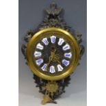 A French cartel clock, white enamelled cartouches with blue Roman numerals, single winding hole,