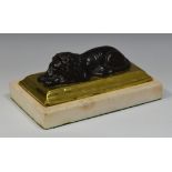 A 19th century bronze desk weight, of a recumbent lion, brass base, marble plinth, 22cm long, c.