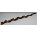 An early 20th century novelty walking cane, carved with monkey, the cane with entwined serpentine,