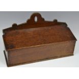 A George III oak candle box, shaped pierced cresting, hinged sloping cover, 36cm wide, c.