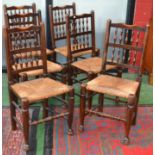 Six raffia seated spindle back dining chairs