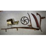 Agricultural Items - a brass model horse and Gypsy caravan; scythe; pair of horses hames; etc.