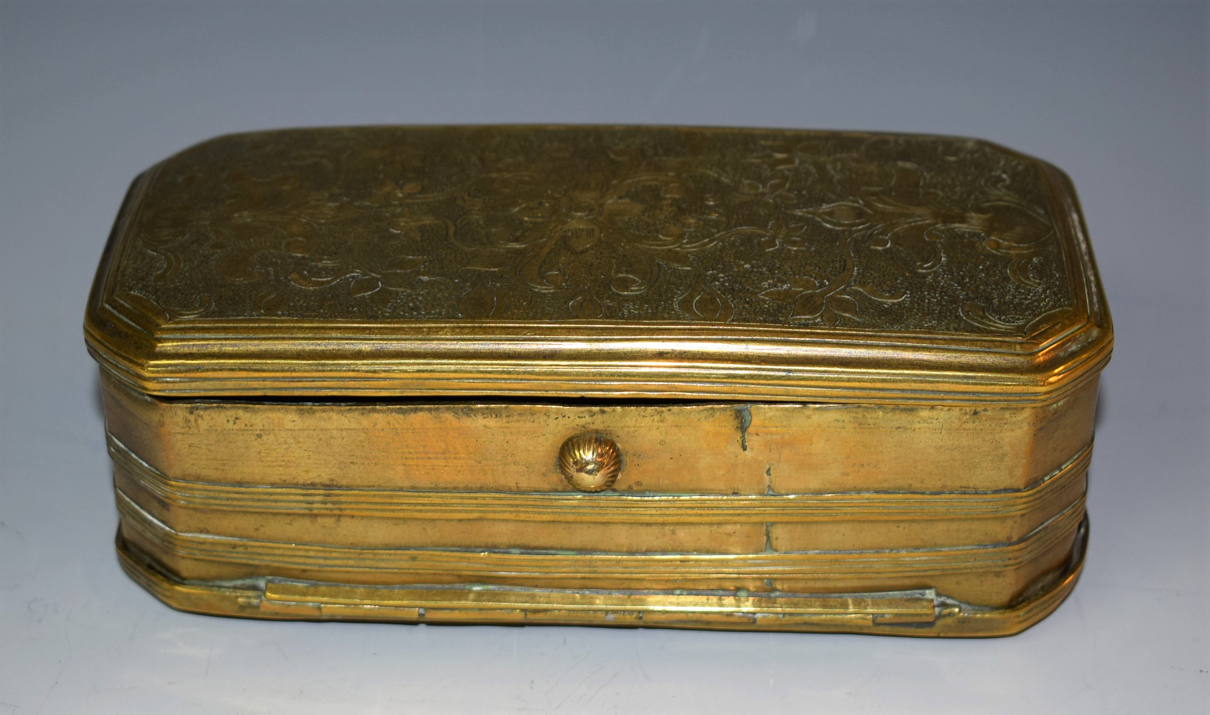 A 19th century Malay brass canted rectangular betel box,