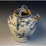 A Delft wet drug jar, painted in tones of blue with a harbour landscape,