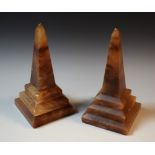 A pair of 19th century alabaster desk obelisks, stepped square bases, 20cm high, c.